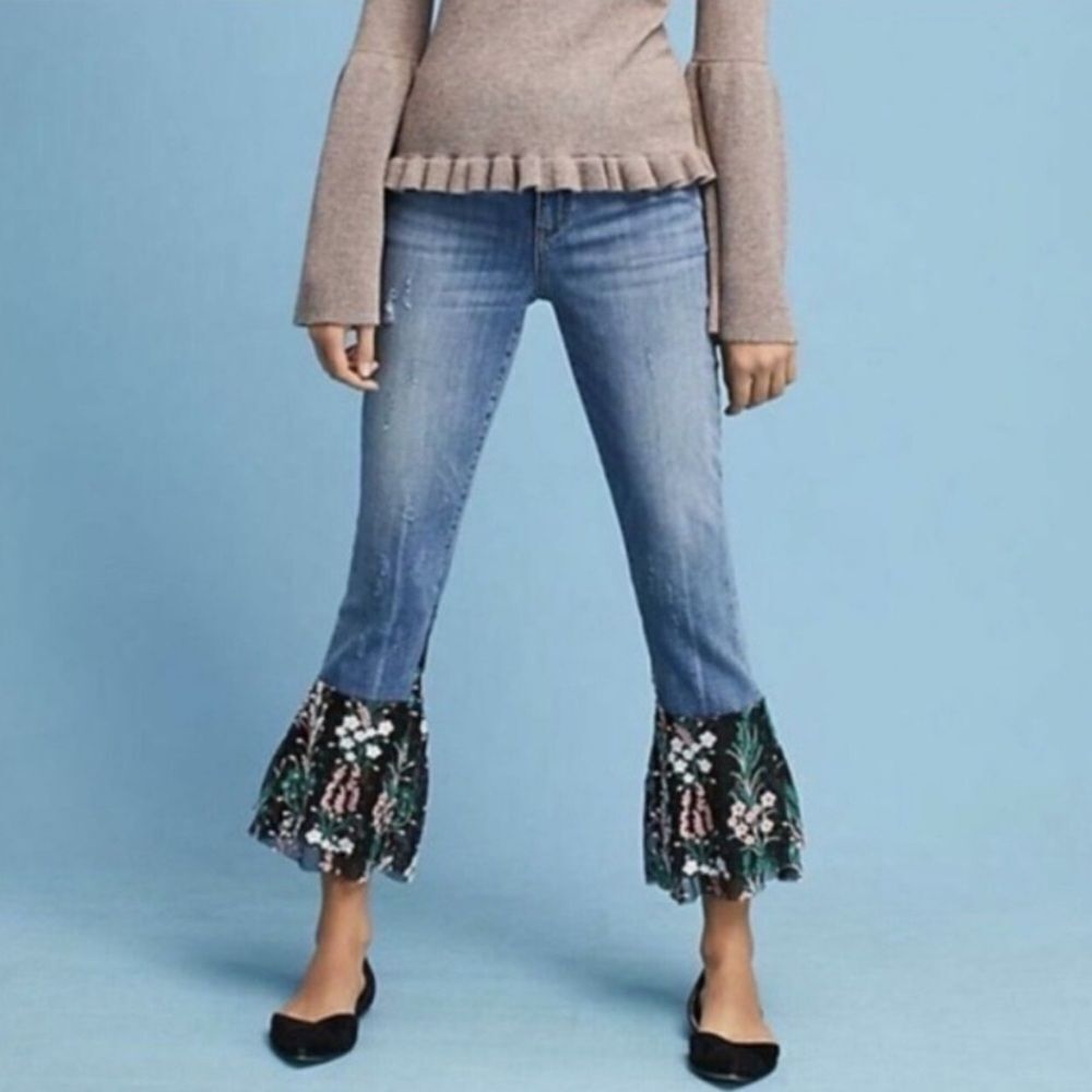 Pilcro And The Letterpress Anthropologie Flare Flounce Floral Hem Jeans Size 32